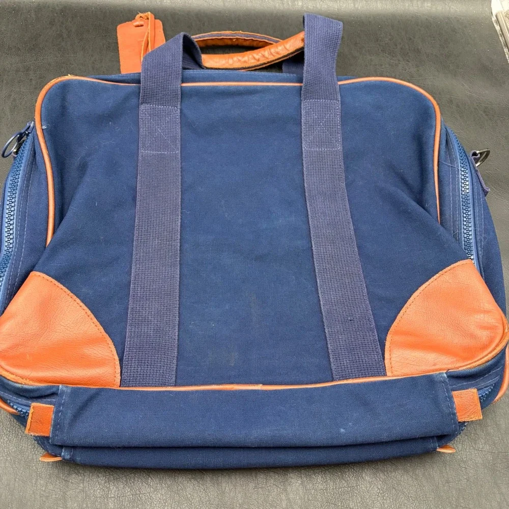Vintage Lands End Deluxe Square Rigger Navy Blue Canvas Leather Briefcase Bag
